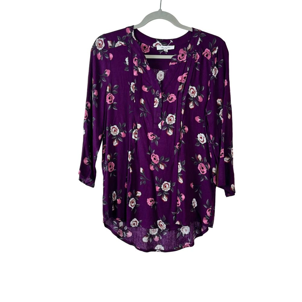 Monday Fun Purple Floral 3/4 Sleeve Blouse Tunic NWOT Size Small